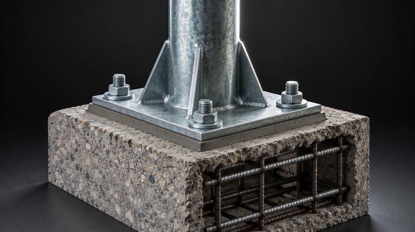 Galvanised mast base plate with stiffeners and anchor bolts on a cut reinforced concrete footing.
