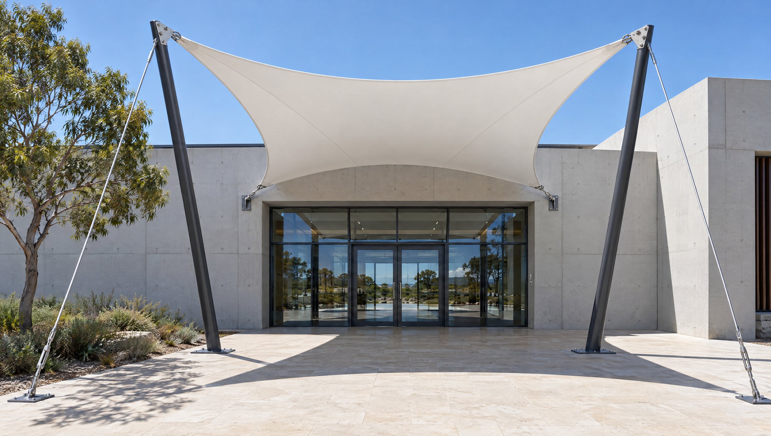 Concept visualisation: a cantilevered white membrane canopy on one raked steel mast over a building entry.