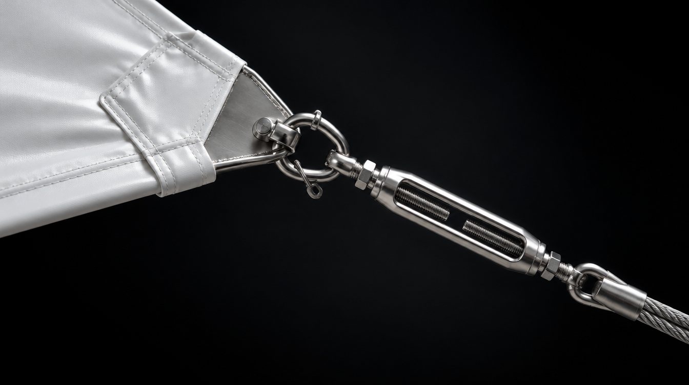 Membrane corner hardware on black: welded reinforcement, stainless corner plate, shackle, turnbuckle and wire rope.