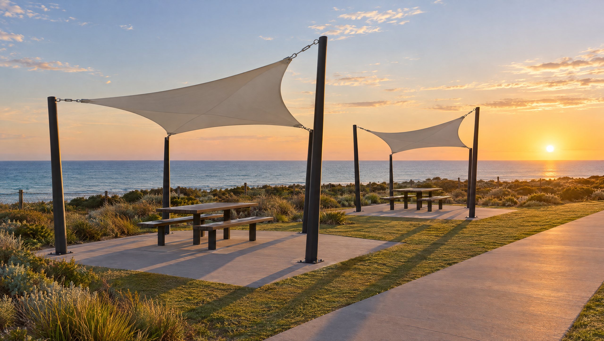 Concept visualisation: white shade membranes over picnic tables on a Western Australian coastal foreshore at golden hour.