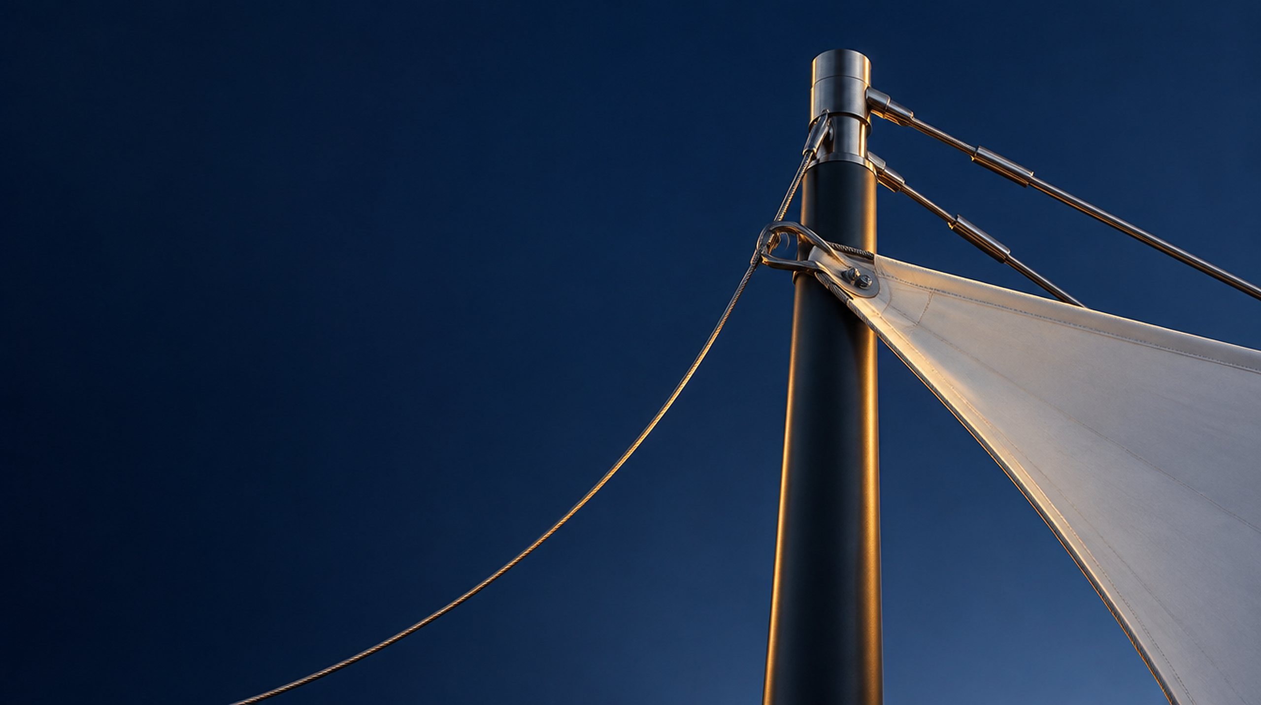 Concept visualisation: a stainless mast head with tie rods holding the high corner of a white membrane at dusk.