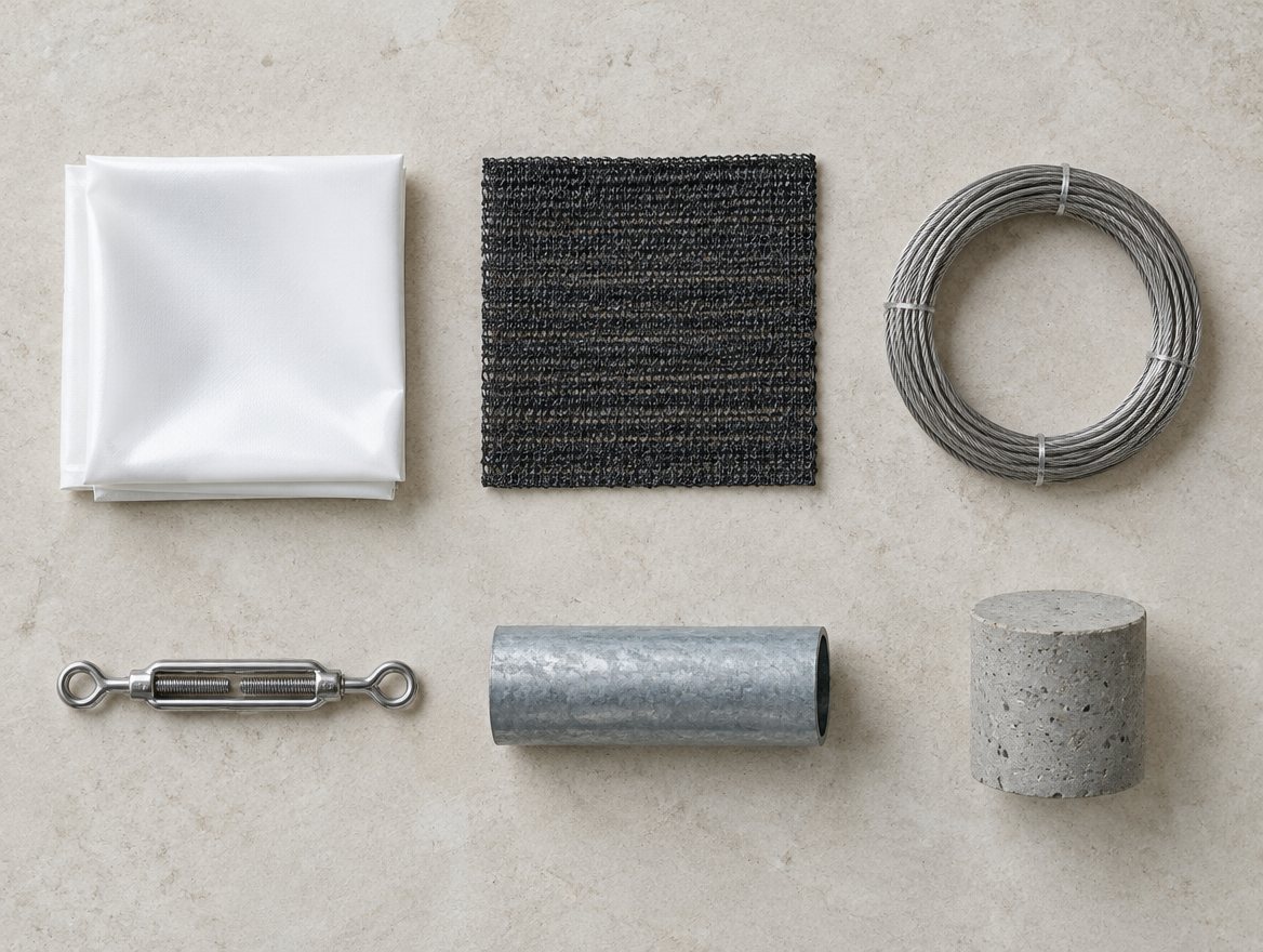 Material samples on limestone: PVC membrane, HDPE shade cloth, stainless wire rope, turnbuckle, galvanised tube and a concrete core.