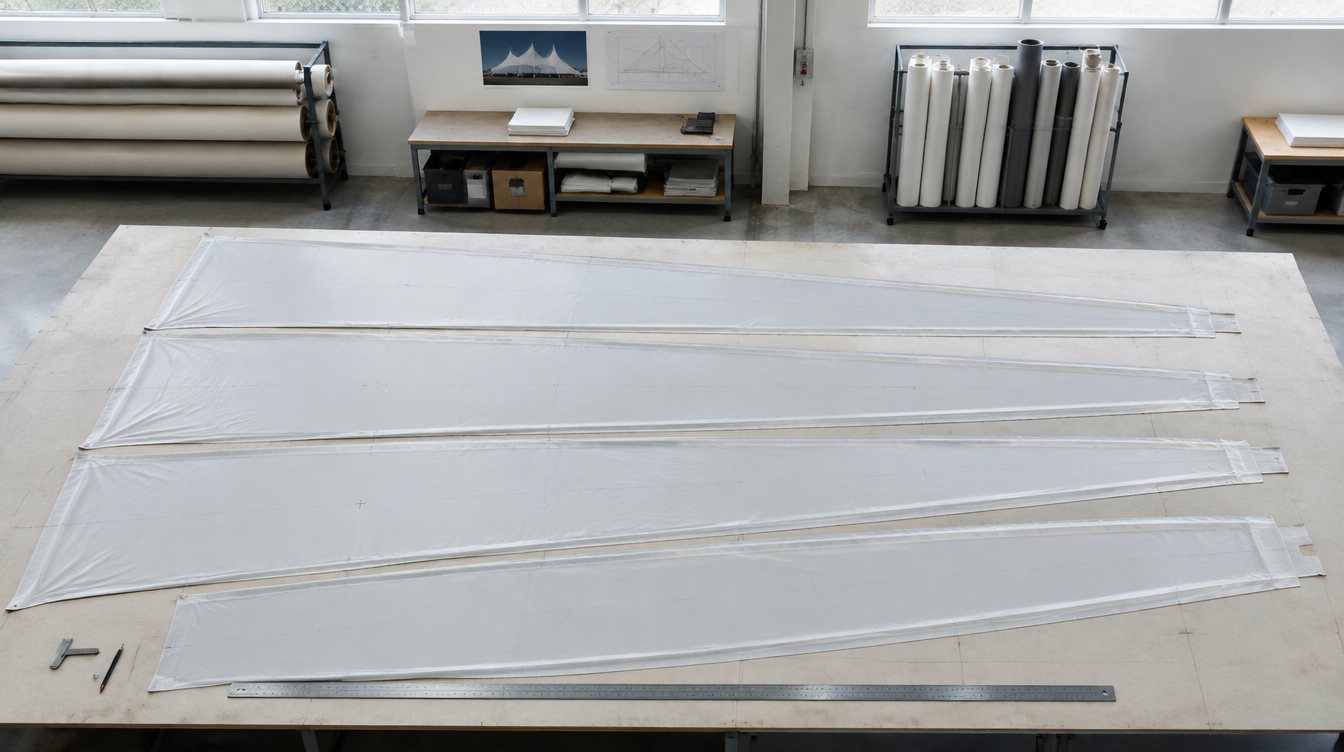 Concept visualisation: tapered white membrane panels with welded seams laid out on a fabrication table.