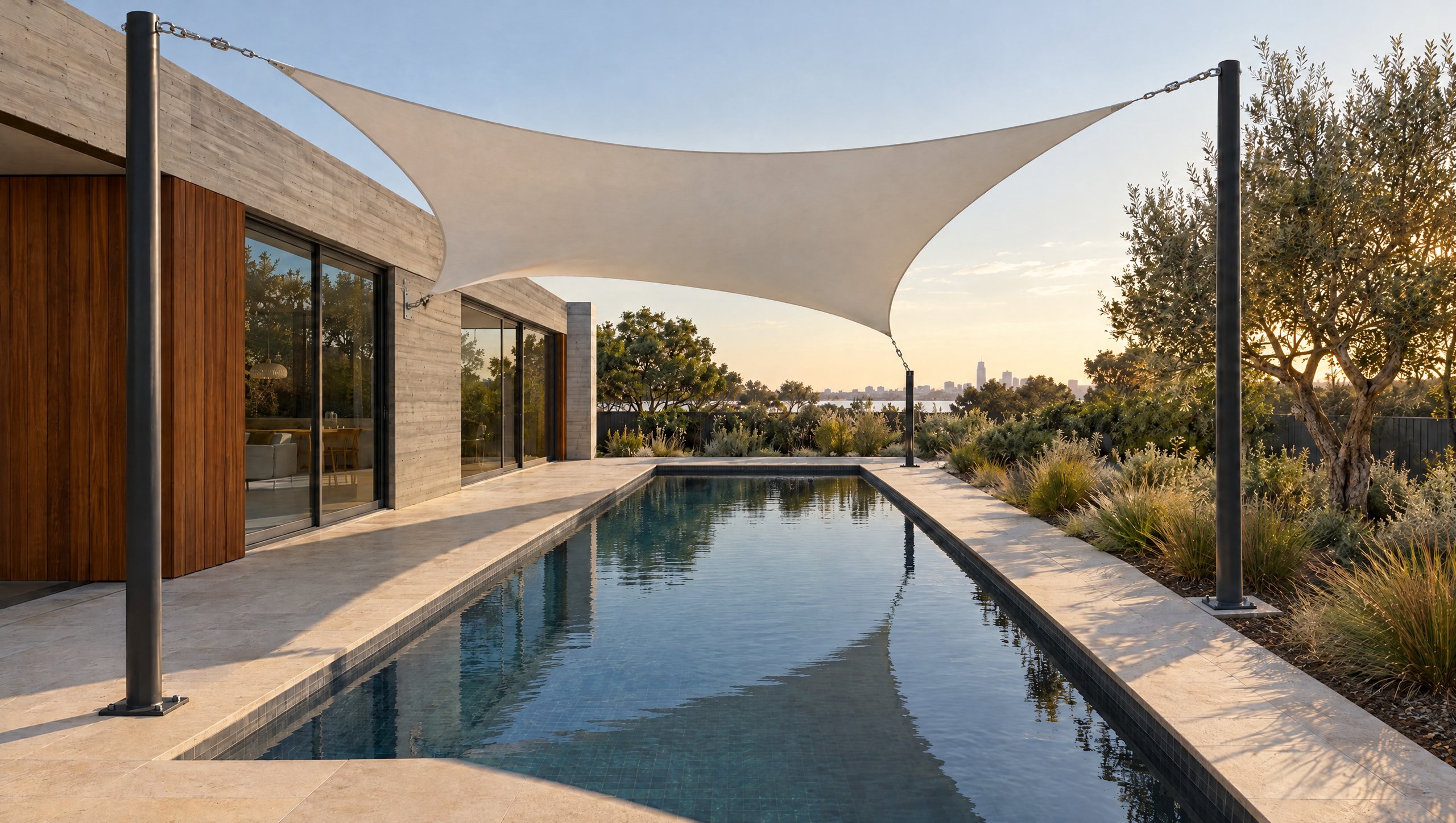 Concept visualisation: a white tensioned membrane over a lap pool beside a concrete and timber house in late afternoon sun.