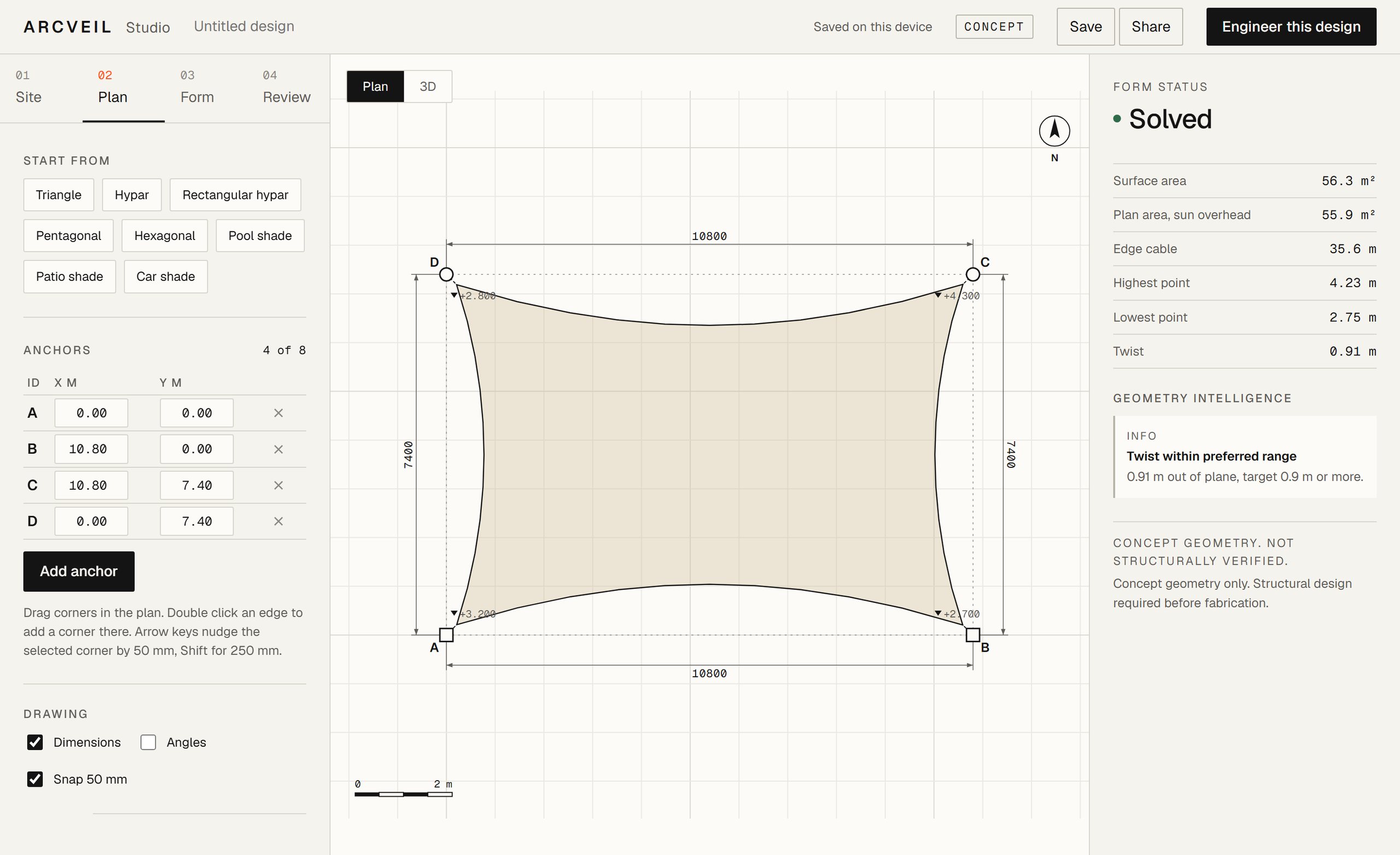 The ARCVEIL Studio: a dimensioned plan of a four point membrane with form status and geometry checks.